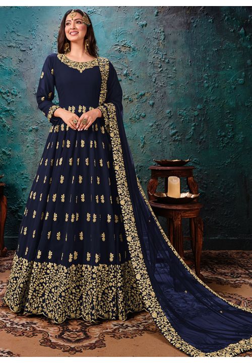 Blue Embroidered Trail Gown - Indian Heavy Anarkali Lehenga Gowns Sharara  Sarees Pakistani Dresses in USA/UK/Canada/UAE - IndiaBoulevard